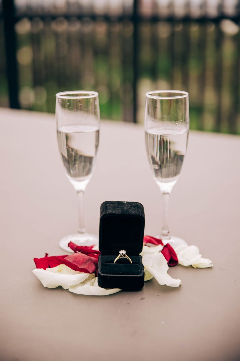 Engagement ring in black box with champagne glasses and rose petals.