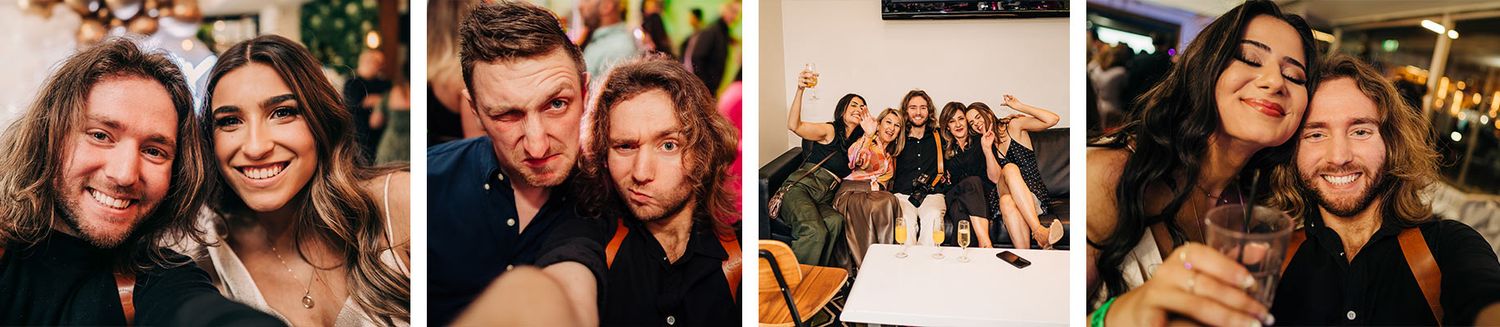 Candid event photos: friends laughing, toasting and celebrating together.