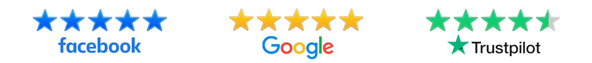 Five-star ratings on Facebook, Google, and Trustpilot.